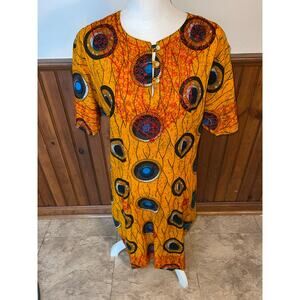 Womens The African Star Tribal Yellow Abstract Print 100% Cotton Midi‎ Dress Med